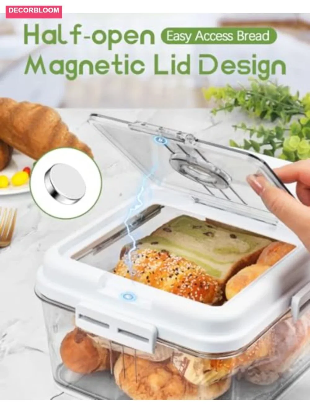 Large Airtight Bread Box with Magnetic Lid and Date Dial
